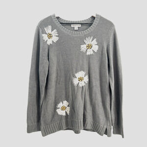 Coldwater Creek Daisy Sweater Women Medium Gray Embroidered Coastal Minimalist
